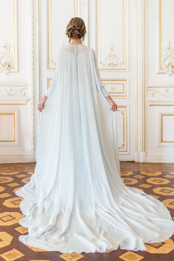 Blue cape wedding gown with hand-cut silk and crystal embroidery ...