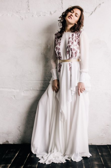 Off-white wedding dress with bishop sleeve