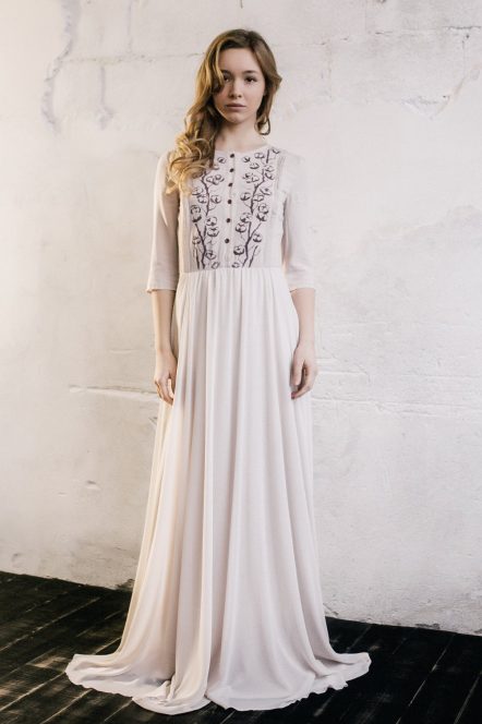 Nude elbow sleeve wedding dress