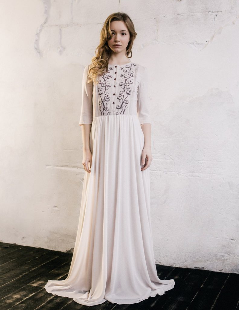 Nude elbow sleeve wedding dress with hand-painted bodice | Cathy Telle