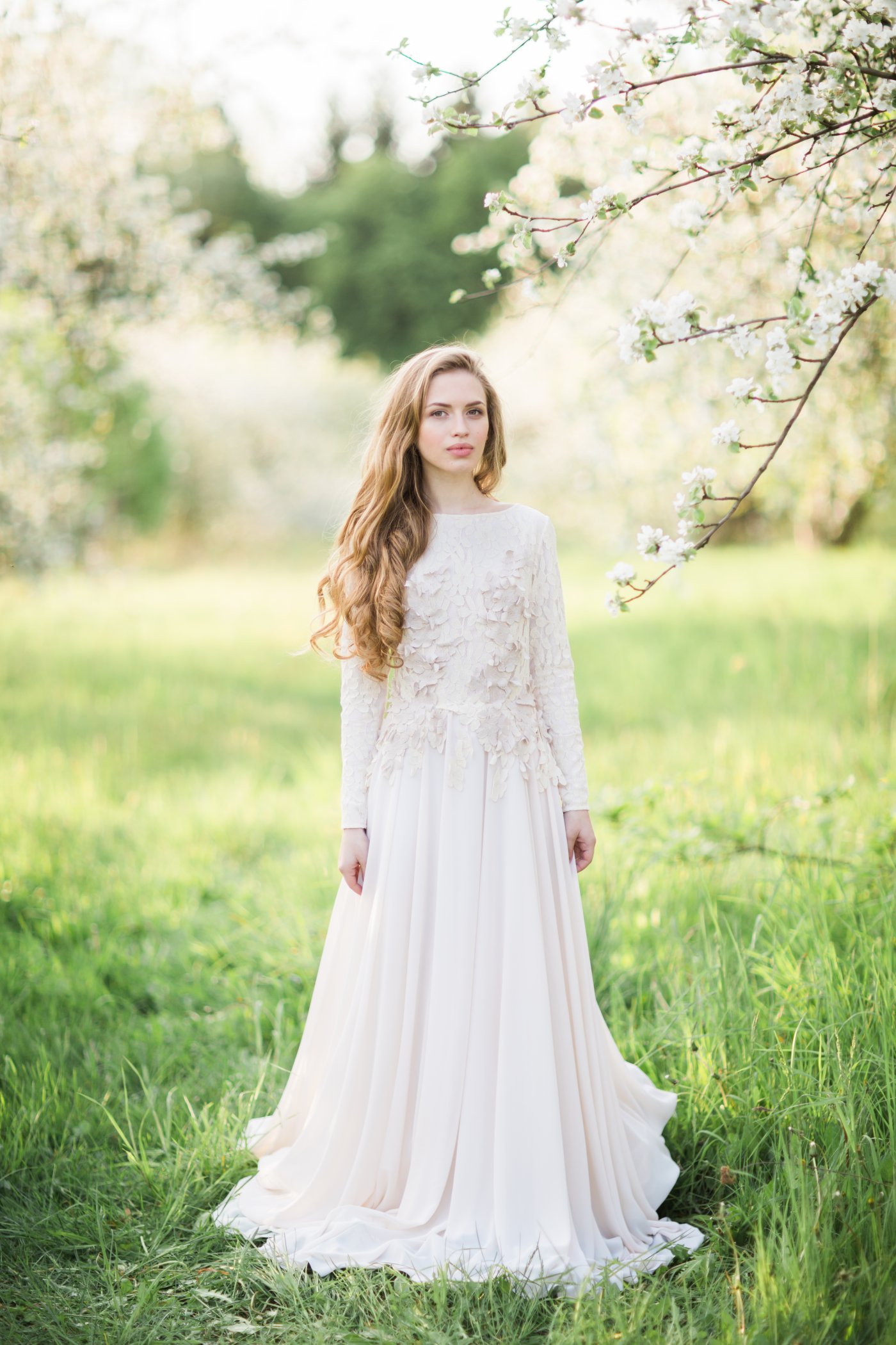 High-neck wedding dress with long sleeve and lace appliques floating ...