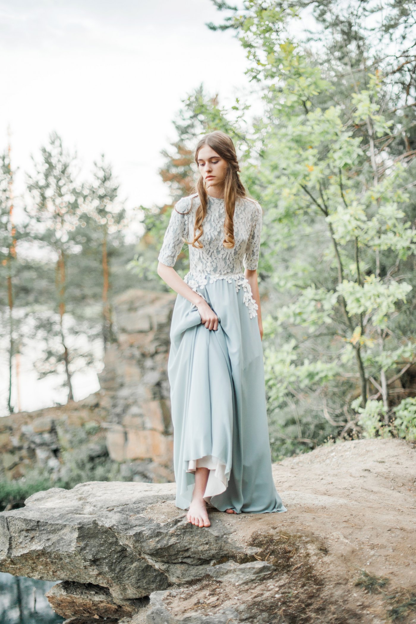 Sage green a-line wedding dress with lace bodice | Cathy Telle