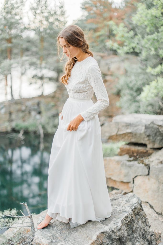 Wedding dress with high-neck bodice and long lace sleeve | Cathy Telle