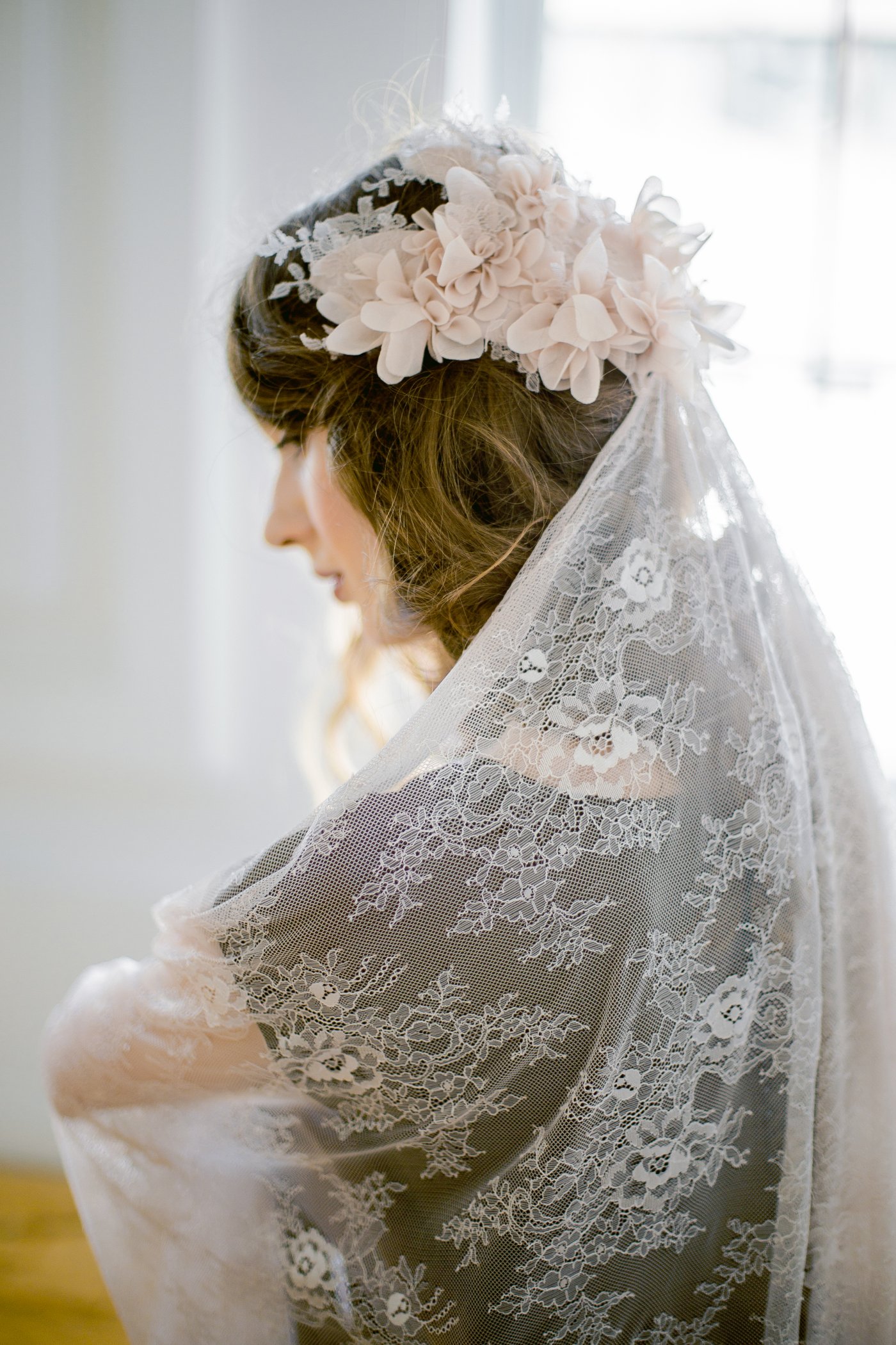 Off-white Scalloped Edge Wedding Veil With Hand-sewn Textile Petals 