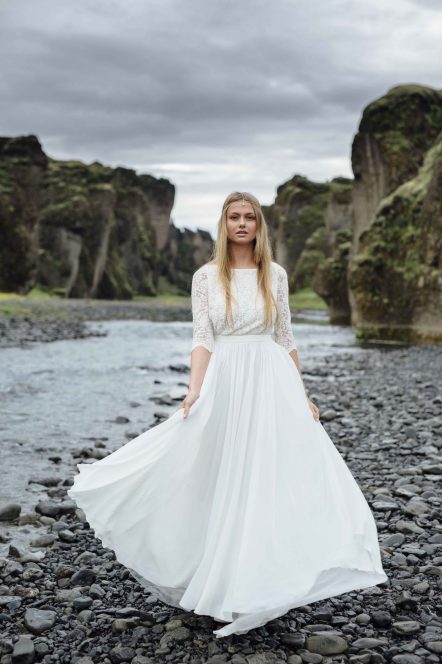 Off-white high-neck wedding dress