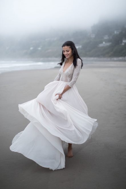 Lace sleeve lavender wedding dress