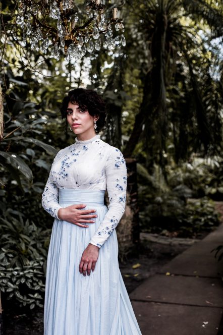 High-neck embroidered wedding dress